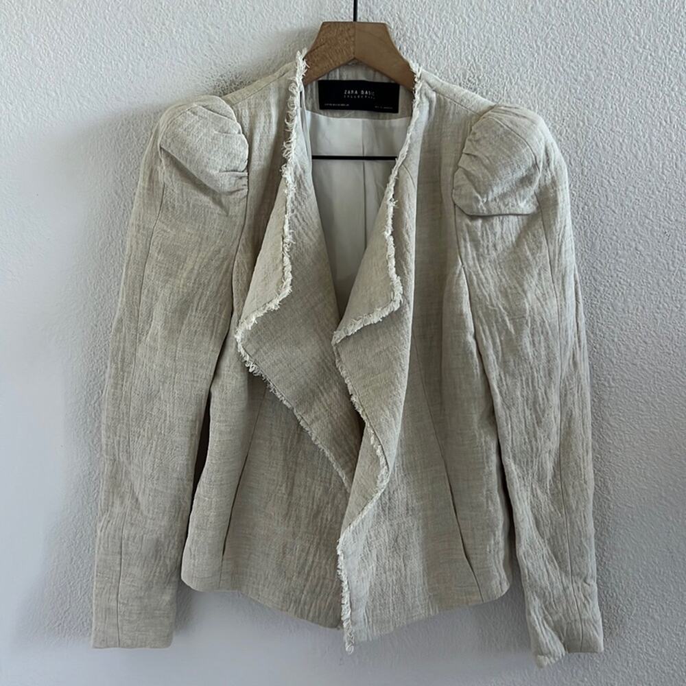 Zara Basic Collection Cotton Linen Blazer Jacket Statement Shoulder XS